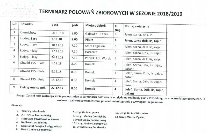 KALENDARZ polowań zbiorowych w sezonie 2018/2019