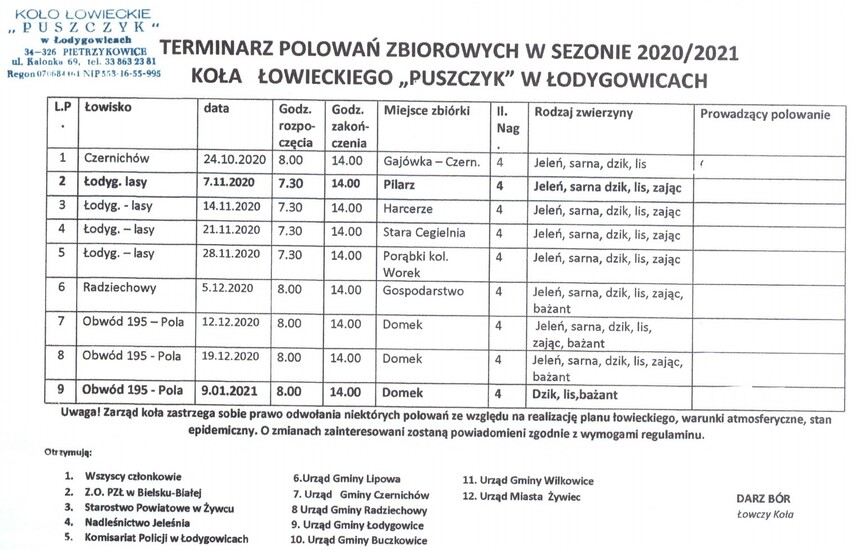 Aktualny terminarz polowań zbiorowych Koła Łowieckiego...
