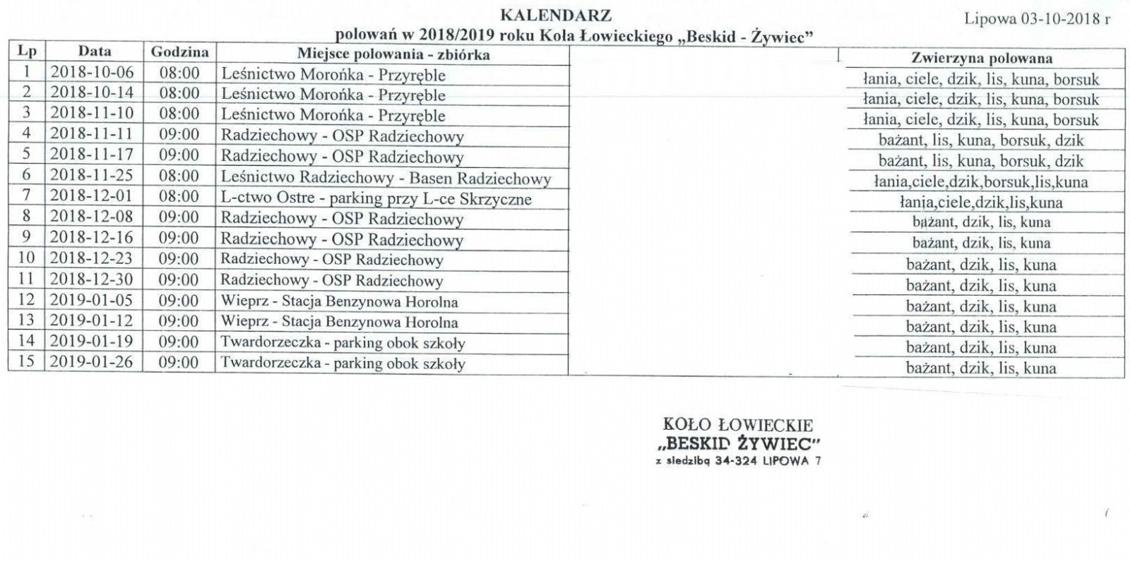 KALENDARZ polowań w 2018/2019 roku Koła Łowieckiego &#039;&#039;Beskid - Żywiec&#039;&#039;