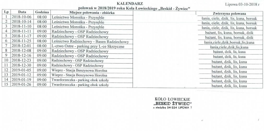 KALENDARZ polowań w 2018/2019 roku Koła Łowieckiego...