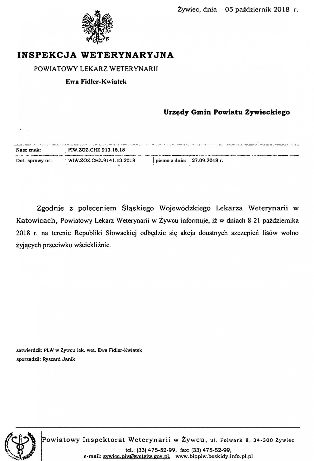 Powiatowy Lekarz Weterynarii w Żywcu informuje