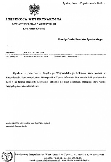 Powiatowy Lekarz Weterynarii w Żywcu informuje