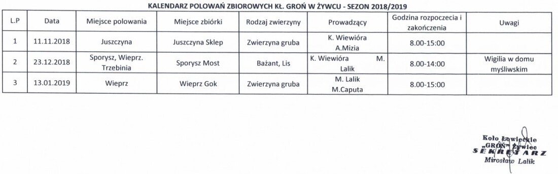 KALENDARZ polowań zbiorowych kł. GROŃ w Żywcu w sezonie...