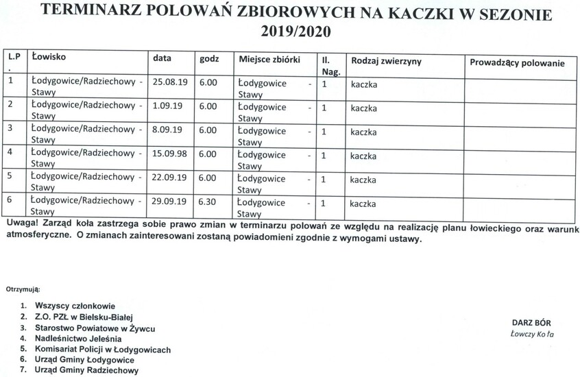 Kalendarz polowań - Koło Łowieckie PUSZCZYK