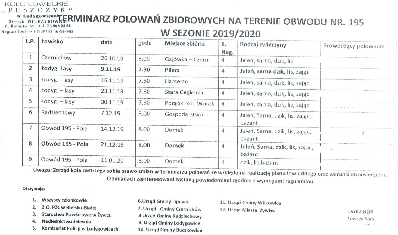 Koło Łowieckie: &#039;&#039;PUSZCZYK&#039;&#039; - terminarz polowań zbiorowych na terenie obwodu nr...
