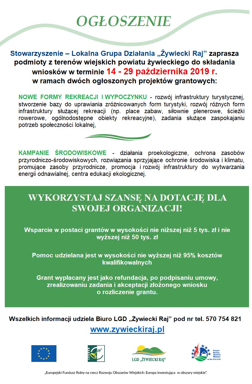 Informacja na temat ogłoszonych naborów na projekty grantowe - LGD &#039;&#039;Żywiecki Raj&#039;&#039;