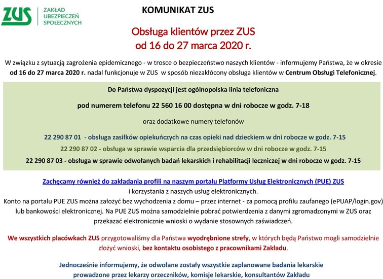 Informacja o zmianie zasad obsługi klientów Zakładu...