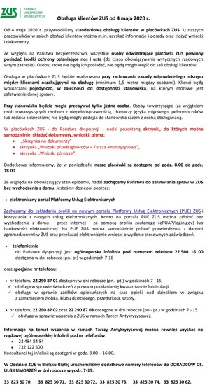 Obsługa klientów ZUS od 4 maja 2020 r.