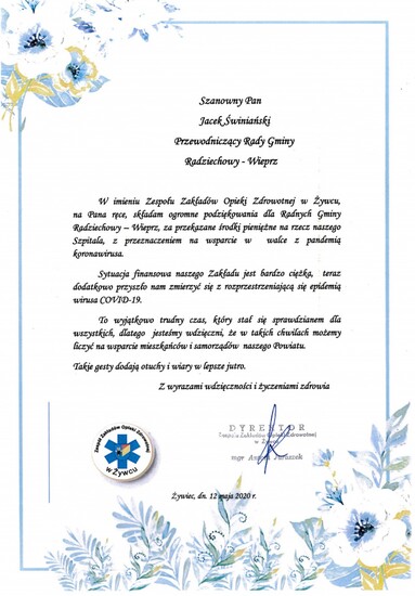 Podziękowanie Zespołu Zakładów Opieki Zdrowotnej w...
