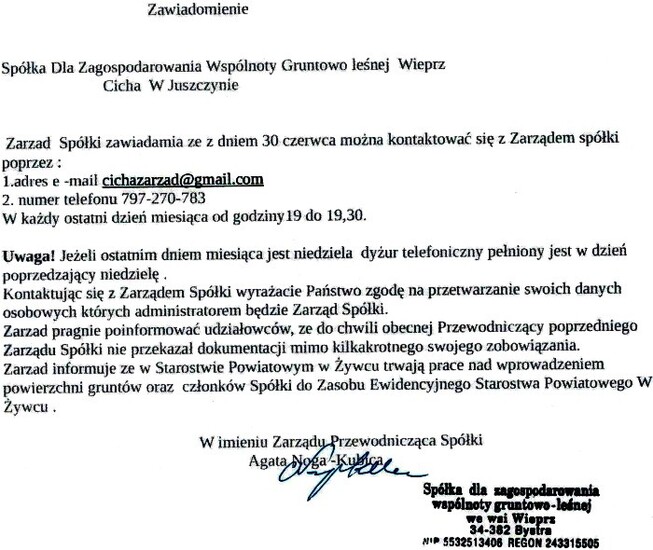 Zawiadomienie: Spółka Dla Zagospodarowania Wspólnoty...