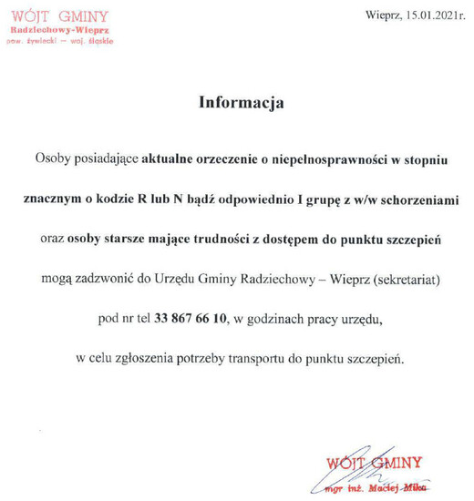 Informacja Wójta Gminy Radziechowy-Wieprz