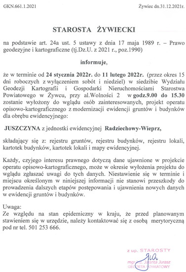 JUSZCZYNA - informacja o terminie i miejscu wyłożenia...